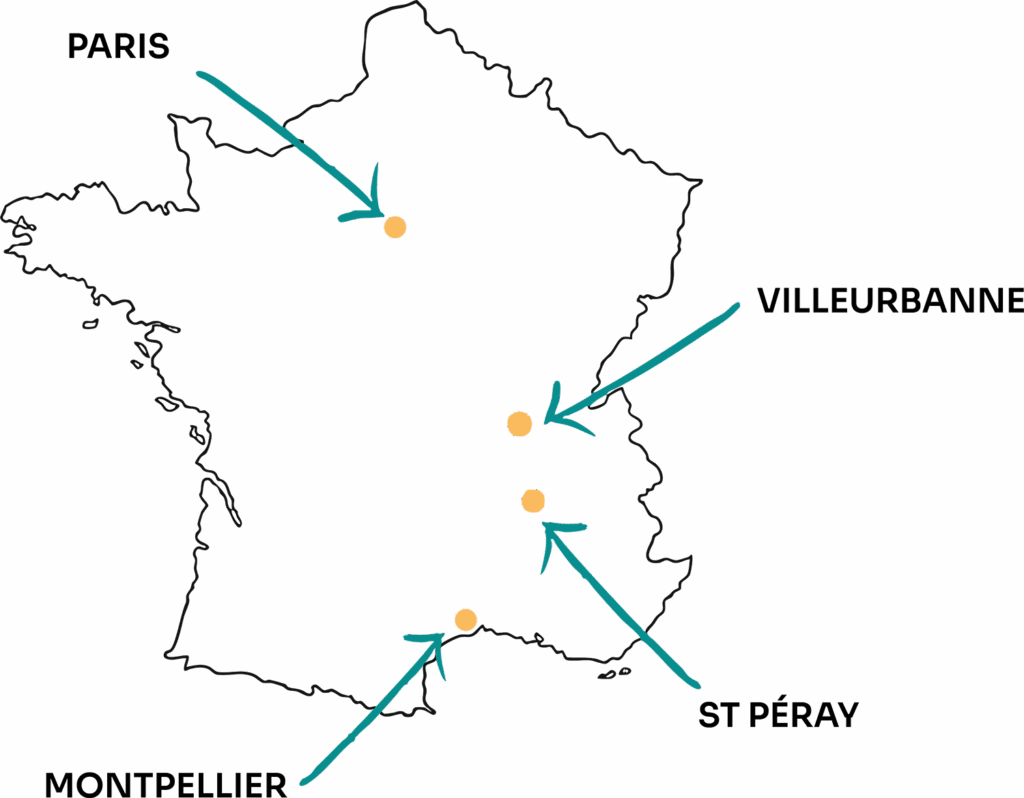 Carte des villes ou nous intervenons pour nos formations de musicothérapie et de médiation musicale - Paris, Lyon, Valence et Montpellier
