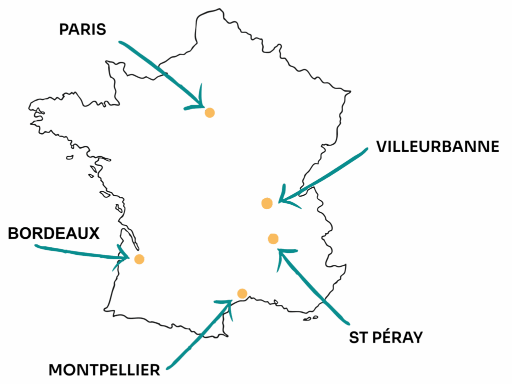 Carte des villes ou nous intervenons pour nos formations de musicothérapie et de médiation musicale - Paris, Lyon, Valence, Montpellier et Bordeaux