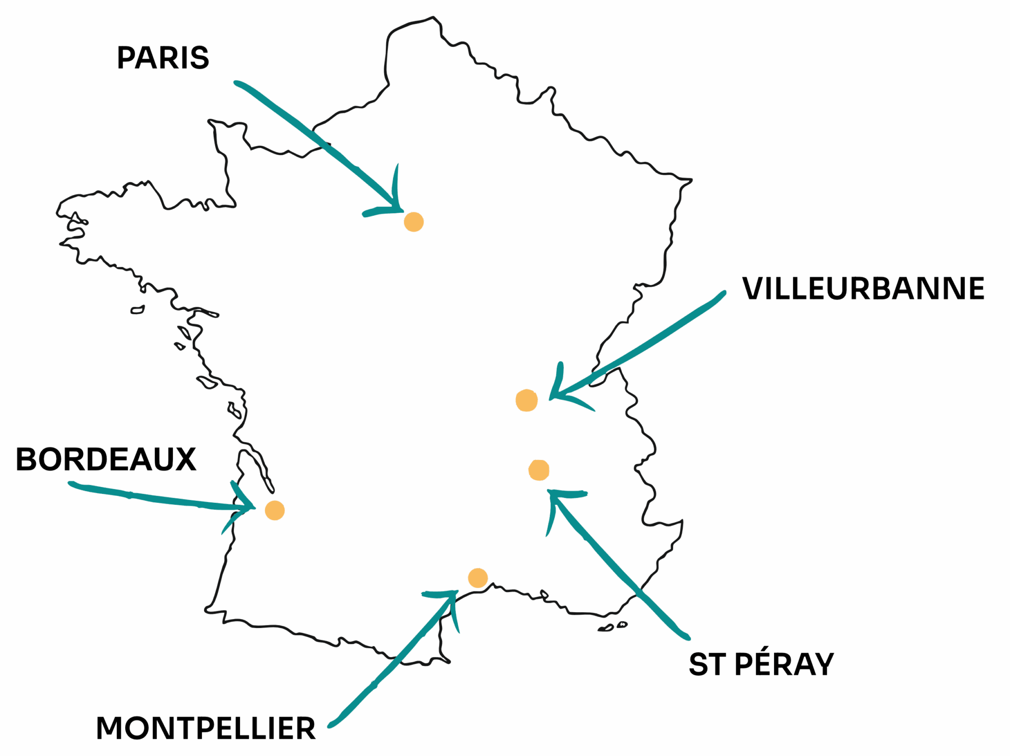 Carte des villes ou nous intervenons pour nos formations de musicothérapie et de médiation musicale - Paris, Lyon, Valence, Montpellier et Bordeaux